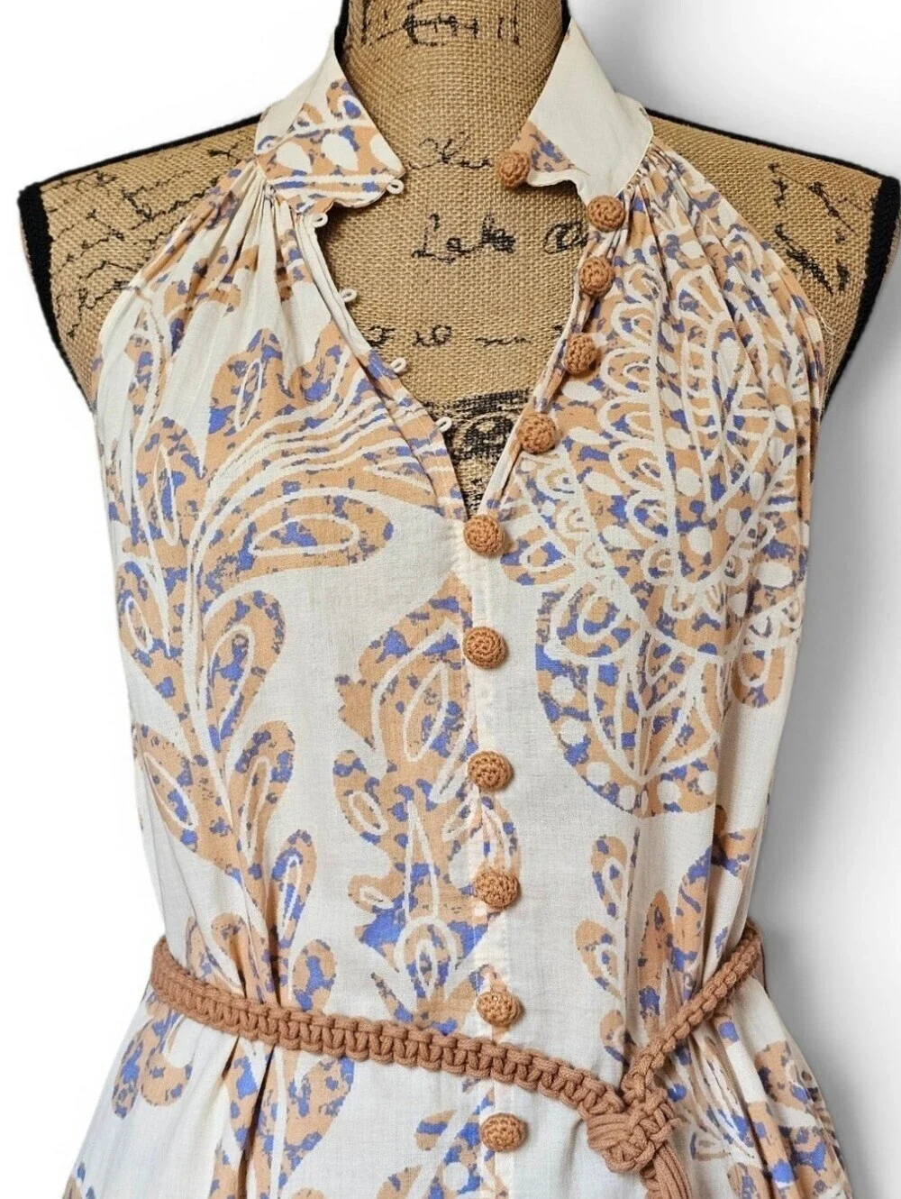 Zara Boho Cream Paisley Sleeveless Mini Dress Rope Belt Crochet Buttons, Size M